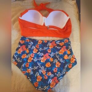 NWOT Angerella Orange & Blue Floral High Waist Bikini (Size XL - Cup‎ Like DD/F)